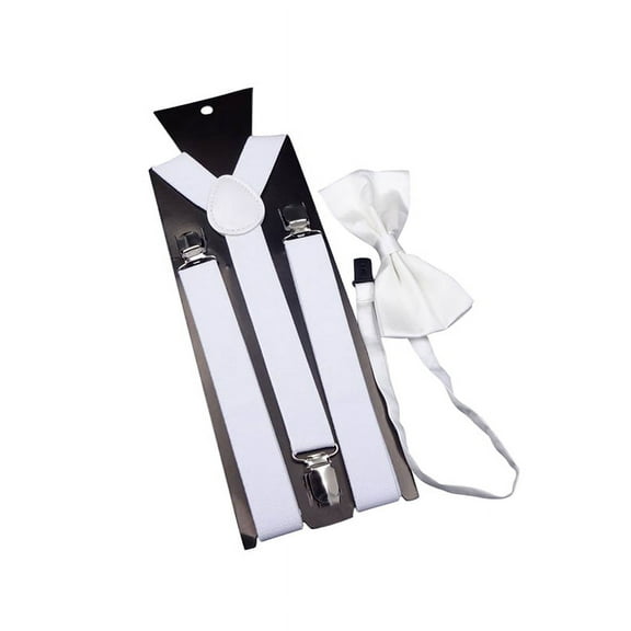 Elastic Adjustable Suspender and Pre Tied Bowtie Y Shaped Suspenders Set for Men, White