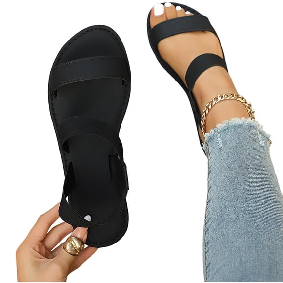 Elastic Ankle Strap Flat Sandals for Women Comfortable Elastic Strappy Sandals Round Toe Summer Slides for Walking Beach & Travel