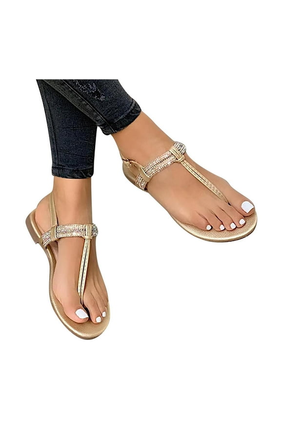 Elastic Ankle Strap Flats Sandals for Women Bohemian Beach Flats Comfortable T-Strap Thong