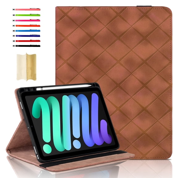 Elastic Band PU Leather Case for iPad mini 7th Gen (A17 Pro) 2024 / mini 6th Gen 8.3" 2021 with Pencil Holder, Smart Folio Cover Adjustable Stand - Auto Wake/Sleep and Multiple View Angles, Brown