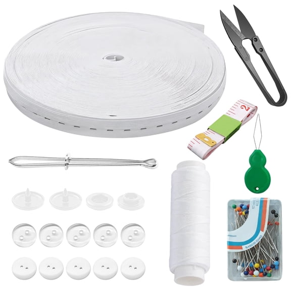 131 Ft White Elastic Band Trim Roll with Complete Tool Kit - Scissors, Pins, Soft Ruler, Button | 0.75 Inch Knitted Stretch Cord for Sewing, Bags, DIY Crafts