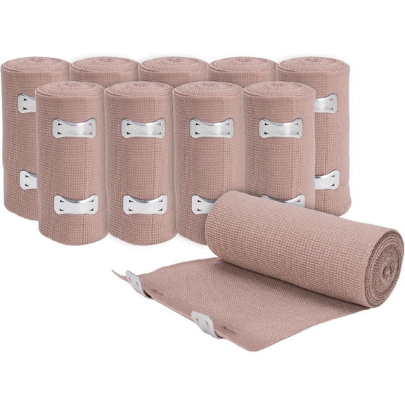 Elastic Bandage Wrap, 4 in x 15 ft, Stretch, Reusable Body Compression Bandage Wrap for Wrists, Elbow, Knees, Ankles & Feet, 10 Pack