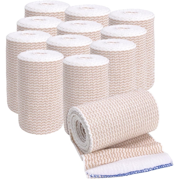 Elastic Bandage Wrap, 4 in x 15 ft Stretch, Hook & Loop Reusable Body Compression Bandage Wrap for Wrists, Elbow, Knees, Ankles & Feet (12)