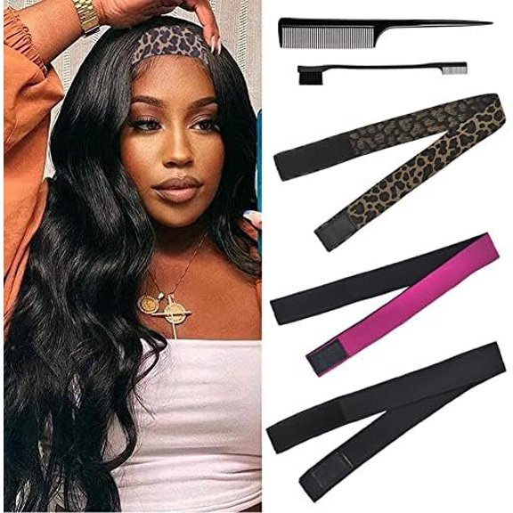 Elastic Bands Set for Wigs and Lace Frontals - 3 count with Rat Tail Comb, Edge Brush, Melting Band for Laying Edges and Keeping in Place