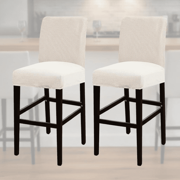 Elastic Bar Stool Slipcover Set of 2, Jacquard Fabric Stretch Covers with Elastic Bottom for Counter Stools, Pub and Dining Chairs, Removable Washable Seat Covers in Ivory White