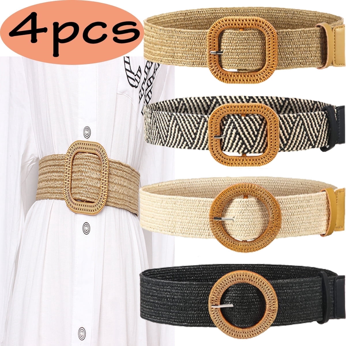 4 Pack Women Stretchy Waist Belt, Vintage Wide Elastic Cinch 