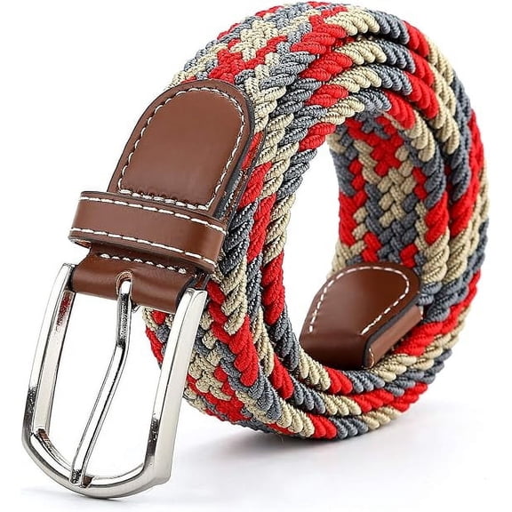 Elastic Belts for Men, Braided Belt, Canvas Woven Elastic Stretch Belts for Men/Junior, Red on Gray