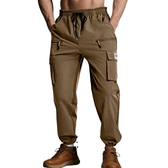 Elastic Bottom Cargo Joggers Pants Mens Elastic Waist Drawstring Baggy Sweatpants Pants Brown S