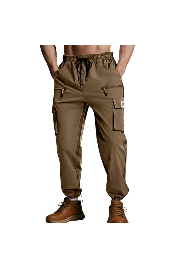 Elastic Bottom Cargo Joggers Pants Mens Elastic Waist Drawstring Baggy Sweatpants Pants Brown S