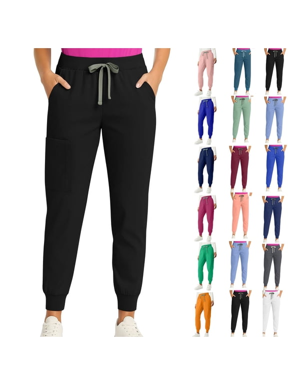 Elastic Bottom Joggings Womens Scrub Pants Skinny Leg Cuffed Stylish Comfortable Scrubs Jogger Black M 26"