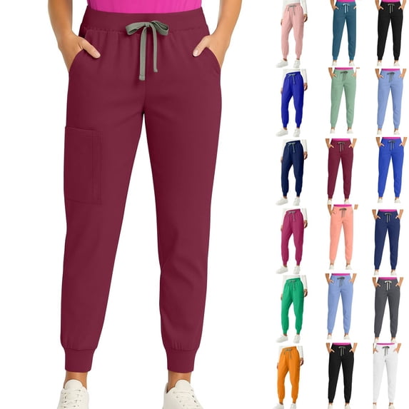 Elastic Bottom Joggings Womens Scrub Pants Skinny Leg Cuffed Stylish Comfortable Scrubs Jogger Deep Red M 26"