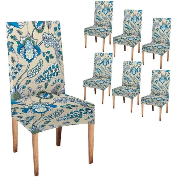Elastic Chair Covers Set of 6, Blue Floral Batik Boho Printed Washable Chair Cover Chair Cover for Kitchen Home or Party