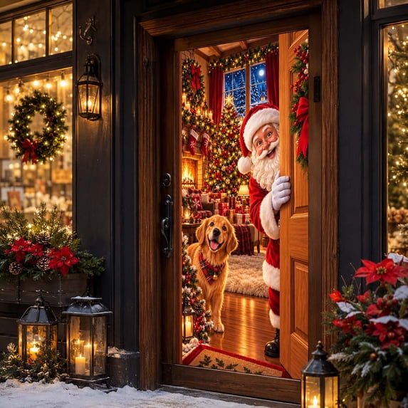 Elastic Christmas Door Cover 35x71 Inch Stretch Fabric Santa Scene ...