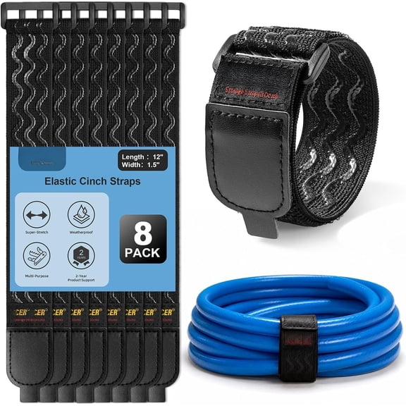 Elastic Cinch Straps with Anti-Slip Strips, 12'' x 1.5'' (8 Pack)