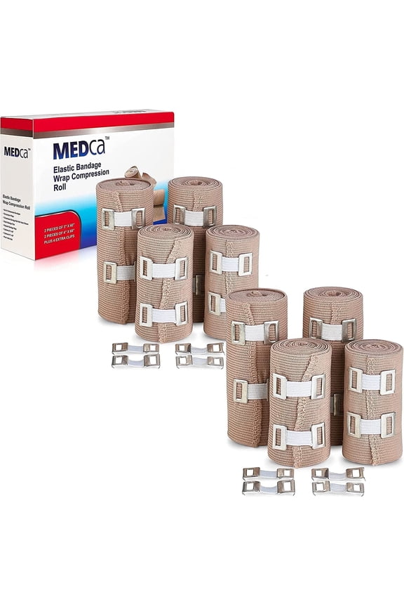 Elastic Compression Bandage Wrap - (Set of 8) w/Hooks, Athletic Sport Support Tape Rolls for Ankle, Wrist, Bandages Measure - 4" x 5 Ft - 3" x 5 Ft