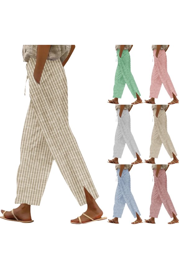 Elastic Drawstring Linen Pants for Women Vertical Striped High Waisted Straight Leg Side Split Full Length Trousers Summer Lounge Lightweight Trousers with Pockets , #02 Khaki, L