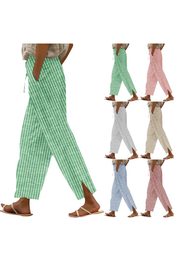 Elastic Drawstring Linen Pants for Women Vertical Striped High Waisted Straight Leg Side Split Full Length Trousers Summer Lounge Lightweight Trousers with Pockets , #02 Green, XXL