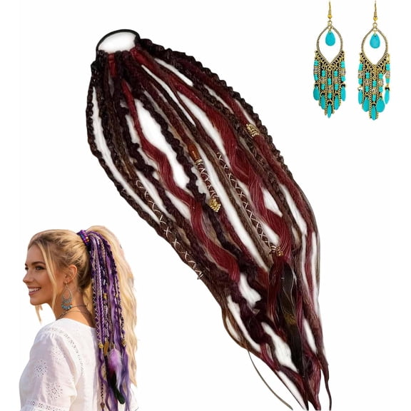 Elastic Dread Ponytail, 22" Boho Braided Extension with Beads & Shell Charms, Lightweight 1-Minute Dreadlock Hair Piece for Daily, Festival & Travel