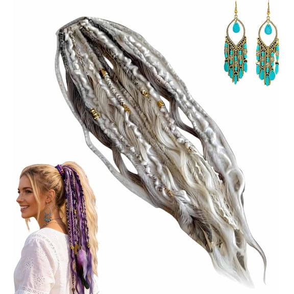 Elastic Dread Ponytail, 22" Boho Braided Extension with Beads & Shell Charms, Lightweight 1-Minute Dreadlock Hair Piece for Daily, Festival & Travel
