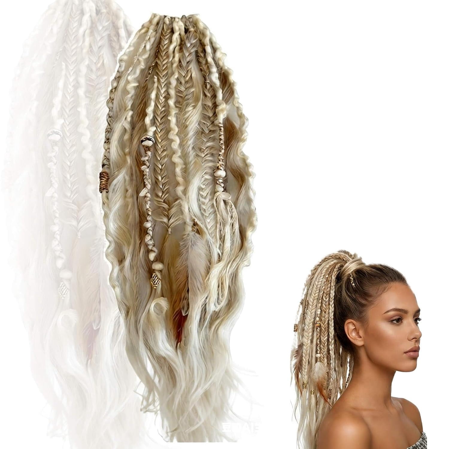 Elastic Dread Ponytail-22 Inch Hand-Woven Lightweight Style with Beads. Quick-Wear Hair Extensions Create Bold Boho Style, Great as a Braided Ponytail or Dreadlocks Ponytail for Festival & Daily