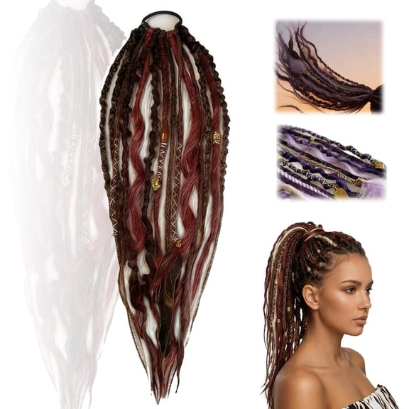 Elastic Dread Ponytail-22 Inch Hand-Woven Lightweight Style with Beads. Quick-Wear Hair Extensions Create Bold Boho Style, Great as a Braided Ponytail or Dreadlocks Ponytail for Festival & Daily