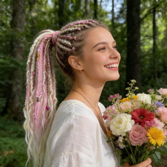 Elastic Dread Ponytail - Boho Braided Dreadlock Hair Extension with Elastic Tie, Crochet Dreadlocks Synthetic Hair, Gradient Dread Extensions with Decorations for Women Men Festival Daily Wear