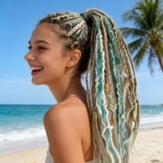Elastic Dread Ponytail - Boho Braided Dreadlock Hair Extension with Elastic Tie, Crochet Dreadlocks Synthetic Hair, Gradient Dread Extensions with Decorations for Women Men Festival Daily Wear