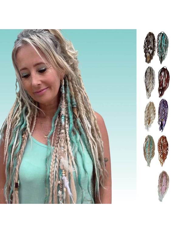 Elastic Dread Ponytail, Boho Dreadlock Hair Extension with Beads, Lightweight Natural Hand-Braided Braids Long Viking Bead, One Minute Elastic Hair Tie Attachment for Festival Daily