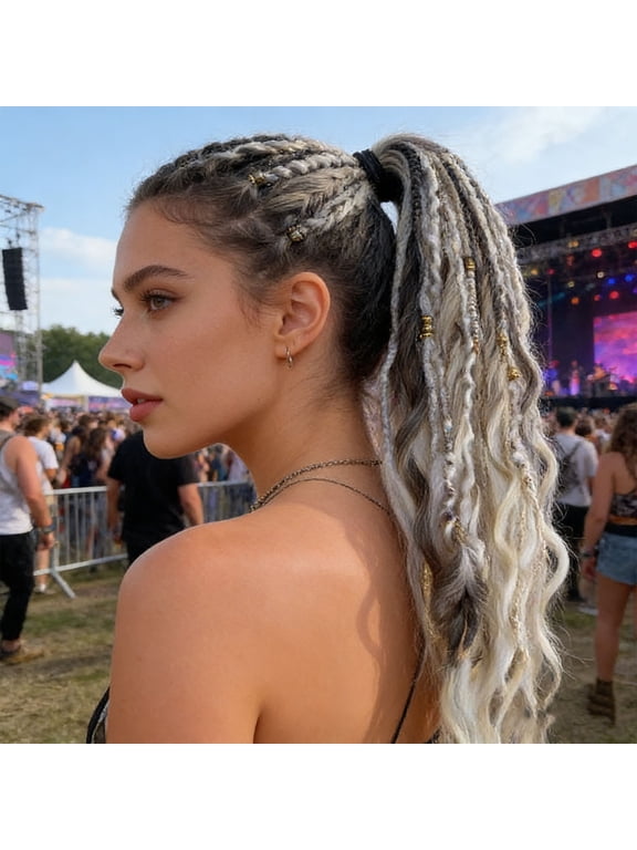 Elastic Dread Ponytail & Braided Ponytail Extension |Salty Dreads Ponytails with Beads & Charms |Clip-in Protective Hairstyle | Dreadlock Extensions for Festival, Travel, Casual & Everyday Wear