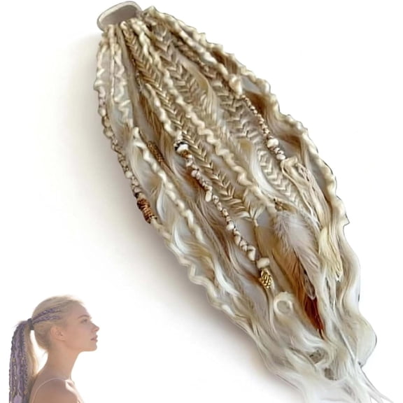 Elastic Dread Ponytail Extension 11.8" – Boho Hand-Braided Dreadlock Ponytail with Beads, Lightweight Natural Look, Easy Hair Tie for Women & Men