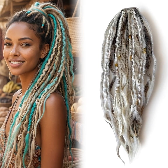 Elastic Dread Ponytail Extension, Boho Drea dlock Extensions Hair Braid Ponytail with Beads & Shells, Easy Install Hair Wrap for Parties, Travel & Daily Style for Women & Men