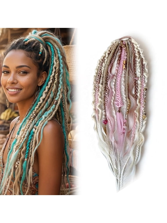 Elastic Dread Ponytail Extension, Boho Drea dlock Extensions Hair Braid Ponytail with Beads & Shells, Easy Install Hair Wrap for Parties, Travel & Daily Style for Women & Men