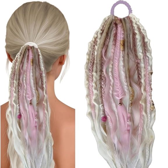 Elastic Dread Ponytail,with Hair Tie,22" Boho Braided Ponytail Extension,with Beads Shell and Charm Details,Hand-braided Braids Long Dreadlock Ponytail Extension for Women Men
