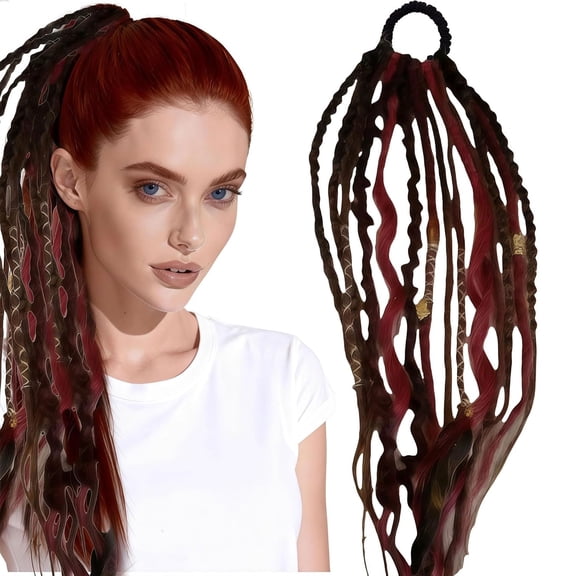 Elastic Dread Ponytail,with Hair Tie,22" Boho Braided Ponytail Extension,with Beads Shell and Charm Details,Hand-braided Braids Long Dreadlock Ponytail Extension for Women Men