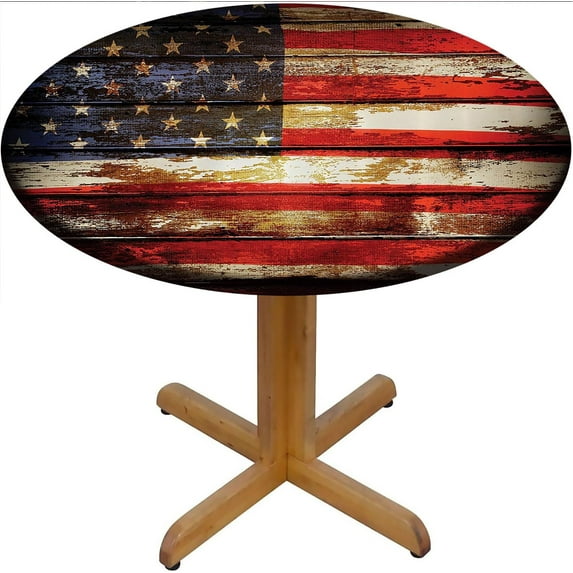 Elastic Edge American Flag Round Fitted Table Cloths, Vintage Plank Washable Spill Proof Table Cover, for Indoor Holiday Family Banquet and Outdoor Patio Use, Fit for 44" Table
