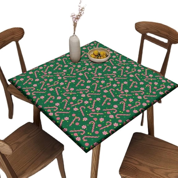Elastic Edge Fitted Card Table Cover, Candy Canes with Peppermints - Green Pattern Printed on Wrinkle Resistant Polyester Table Cloth, for Dinner Terrace Party,32" x 32"