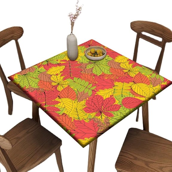 Elastic Edge Fitted Card Table Covers, Leaf Pattern Printed on Wrinkle Resistant Polyester Table Cover, for Outdoor Picnic Camping and Indoor Kitchen Dining Party, Fit for 36" x 36"Square Table
