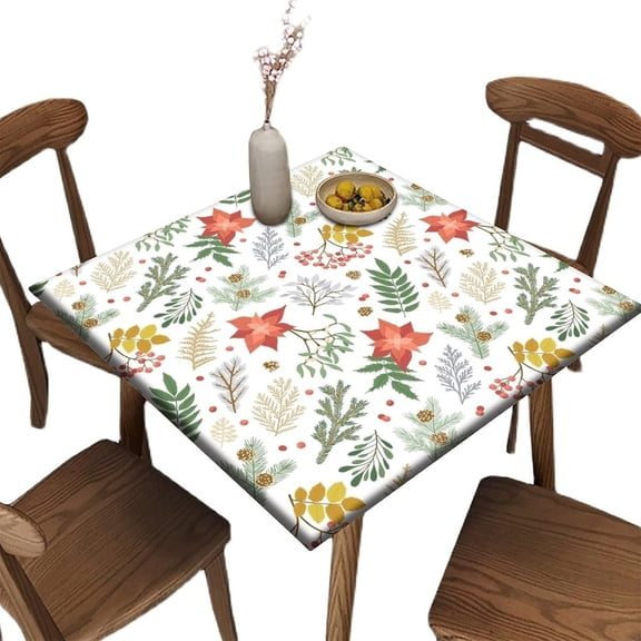 Elastic Edge Fitted Card Table Size Tablecloths, Christmas Plants & Flowers - White Pattern Printed on Wrinkle Resistant Polyester Table Cloth, for Dinner Terrace Party,32" x 32"