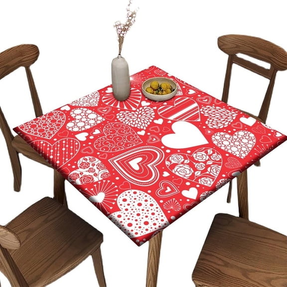 Elastic Edge Fitted Card Table Size Tablecloths, Love Hearts Pattern Printed on Stretchable Polyester Table Cloth, for Living Room Terrace Party Washable, Fit for 32" x 32"square table