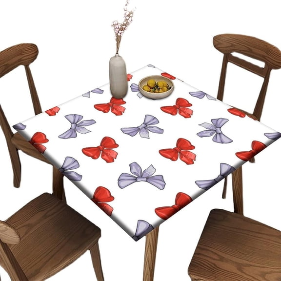 Elastic Edge Fitted Card Table Tablecloth, Christmas Bows - Red & Purple Pattern Printed on Stain Resistant Polyester Table Cover, Great for Home Kitchen Parties Holiday Dinner,32" x 32"