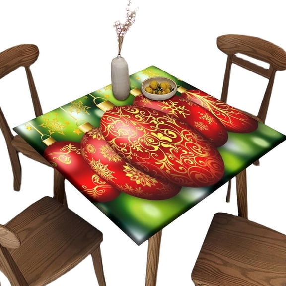 Elastic Edge Fitted Card Table Tablecloth Square, Stain Resistant Polyester Table Cover, for Holiday Family Banquet and Patio Use, Fit for 32"" x 32""Square Table, Christmas Red Ball