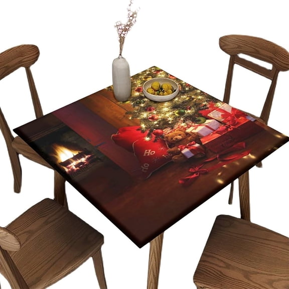 Elastic Edge Fitted Card Table Tablecloth Square, Winter Christmas Pattern Printed on Wrinkle Resistant Polyester Table Cloth, for Indoor Dining Party, Fit for 32" x 32"Square Table