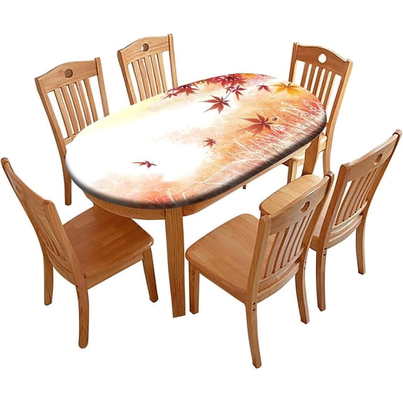 Elastic Edge Fitted Oval Table Cloths, Autumn Leaves Background Washable Wipeable Table Cloth, Fit for Home Kitchen/Parties/Holiday Dinner, 48" W x 68" L Oval Table