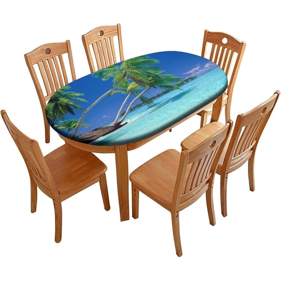 Elastic Edge Fitted Oval Table Cloths, Beach Palm Trees Washable Wipeable Table Cloth, for Indoor Restaurant or Outdoor Patio Party Dining, 68 inch x 48 inch