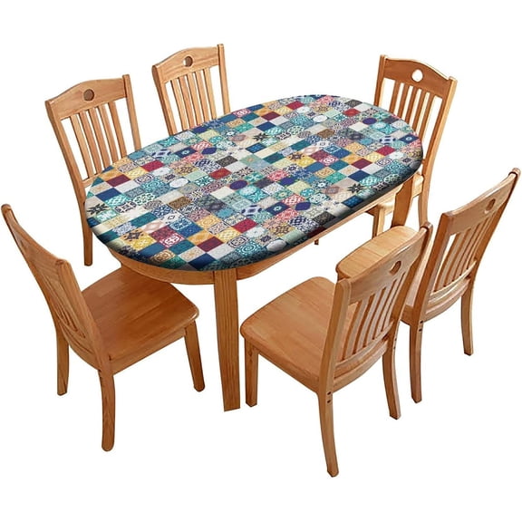 Elastic Edge Fitted Oval Table Cloths, Checkered Tile Patchwork Washable Wipeable Table Cover, for Outdoor Picnic Camping and Indoor Kitchen Dining Party, 48" W x 68" L Oval Table