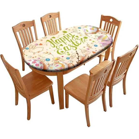 Elastic Edge Fitted Oval Table Cloths, Easter Egg Gifts Washable Wipeable Table Cover, for Indoor Family Banquet and Outdoor Patio Decor Use, 68 inch x 48 inch