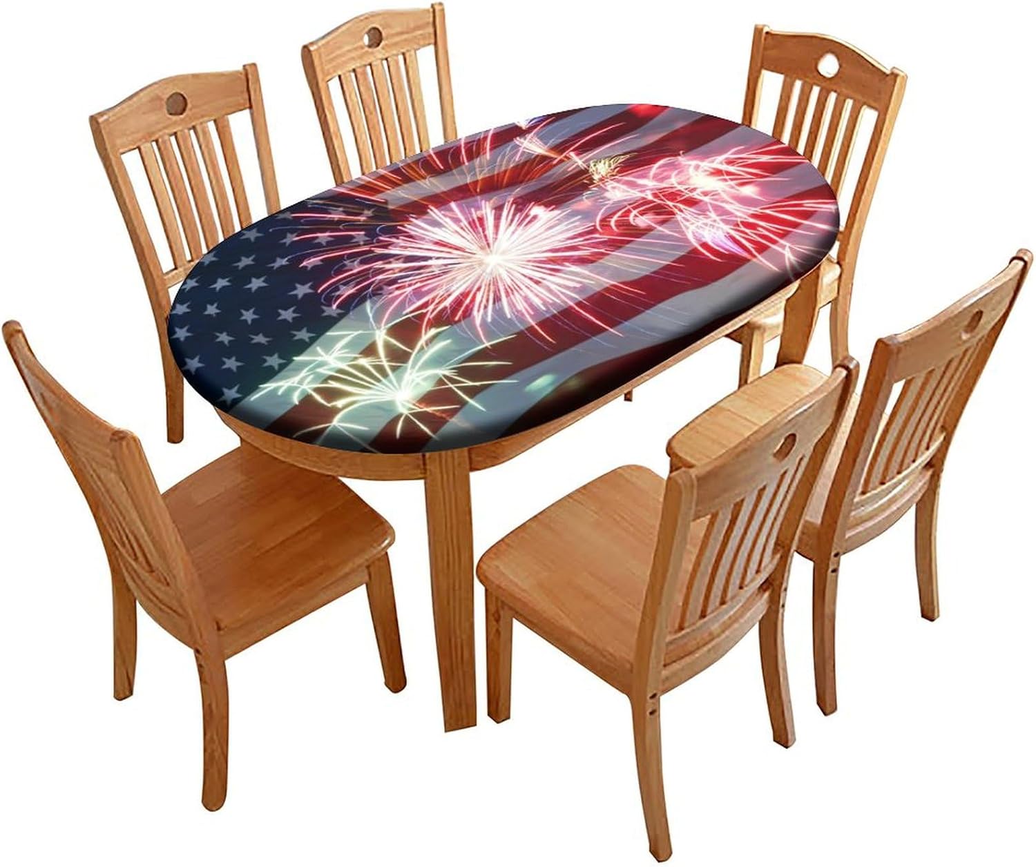 Elastic Edge Fitted Oval Table Cloths, Flag with Fireworks Washable ...