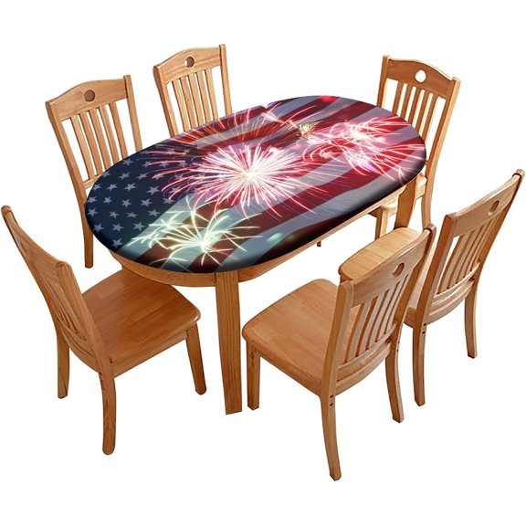 Elastic Edge Fitted Oval Table Cloths, Flag with Fireworks Washable Wipeable Table Cloth, for Indoor Family Banquet and Outdoor Patio Decor Use, 68 inch x 48 inch