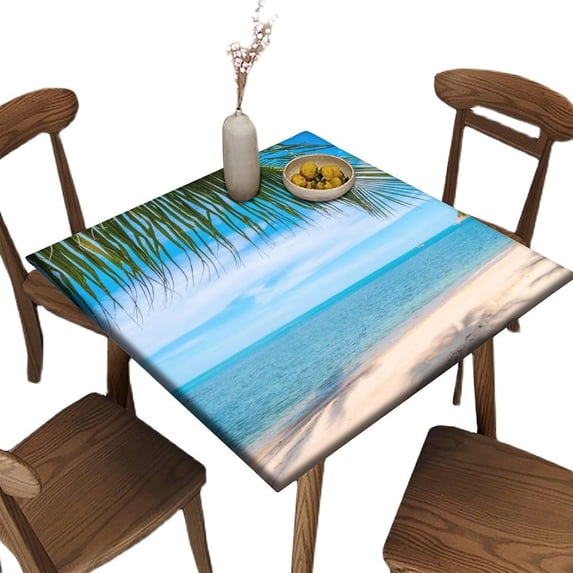 Elastic Edge Fitted Square Tablecloth, Beach Palm Leaves by The Sea Polyester Table Cover, for Indoor Restaurant or Outdoor Patio Party Dining, Fit for 32" x 32"Square Table