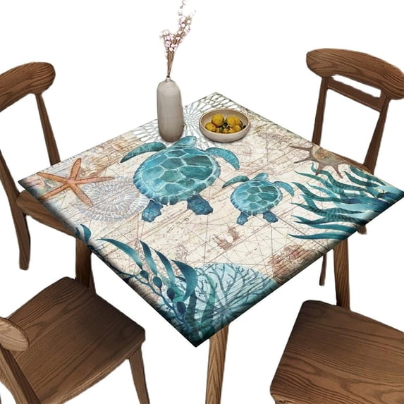 Elastic Edge Fitted Square Tablecloth, Blue Green Ocean Turtle Polyester Table Cover, for Indoor Holiday Family Banquet and Outdoor Patio Use, Fit for 34" x 34"Square Table